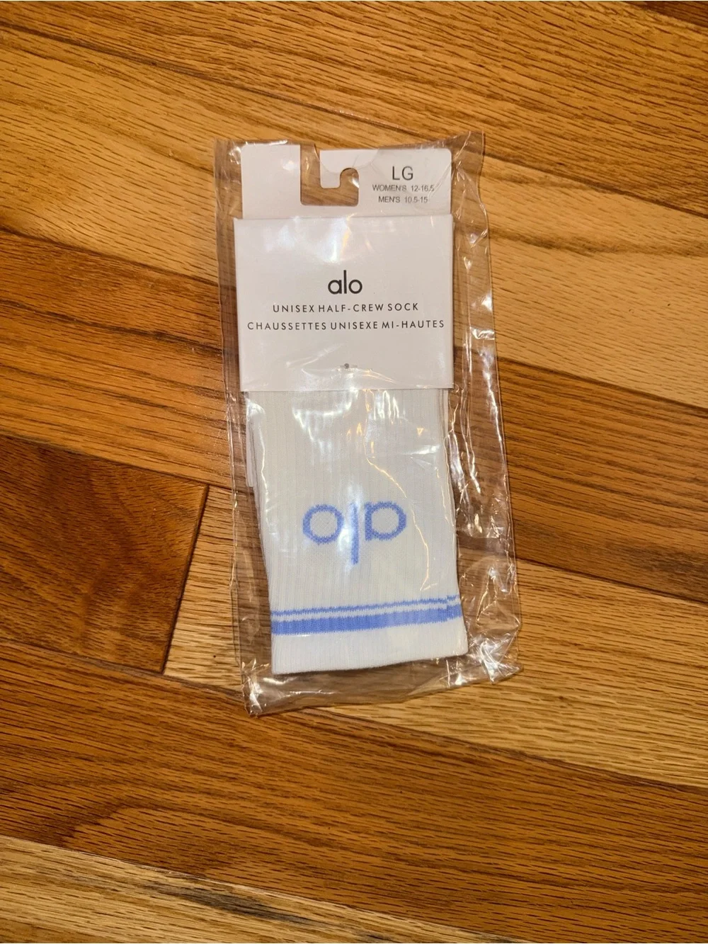 ALO Yoga White Crew Socks with Light Blue Logo and Stripe